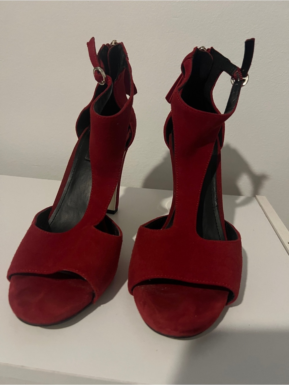 DKNY Red Suede Open-Toe Ankle Strap Heels
